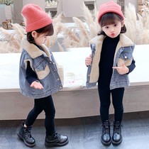 Girls 2020 new autumn winter vest children plus velvet thickened foreign style wear horse clip baby denim coat Spring