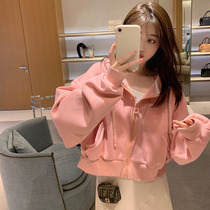 Short hooded sweater jacket womens 2021 spring and autumn Korean version loose lazy wind long-sleeved cardigan top tide ins