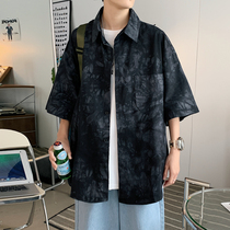 Tie-dyed short sleeve shirt men loose hip hop tide card ins Port wind Japanese summer Half sleeve shirt