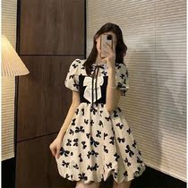 French first love Platycodon grandiflorum 2021 summer new high-end gentle wind waist thin bow short sleeve dress women