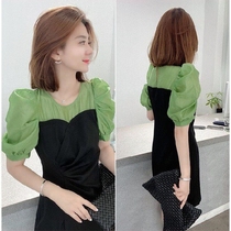 2021 summer new fat sister fashion goddess fan fake two waist belly cover belly retro bubble sleeve dress