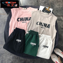 Top/suit summer men's casual suit vest trendy Hong Kong style loose couple shorts two-piece suit