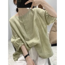 Cotton and linen shirt jacket womens summer new three-point sleeve loose large size thin round neck cardigan lantern sleeve age-reducing top