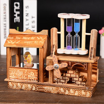 Creative clockwork windmill hourglass music box decoration Mirror dancing Bear birthday gift wooden music box
