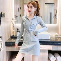2020 Autumn fashion casual age age temperament hooded zipper slim body slim bag hip bottom long sleeve dress women