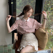 Summer pink plaid shirt high waist slim design sense niche A skirt skirt skirt two-piece women