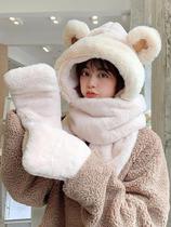 2021 Bear Hat Fall Winter Scarf One Women's Winter Warm Thickened Plush Gloves Three-Piece Set Cute Joker