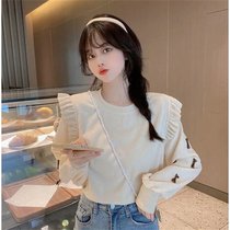 2021 autumn and winter new Korean round neck ruffled sweater stitching bow long sleeve jacket fake two women's tide