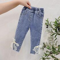 Girls cotton bow jeans 2021 Korean version of slim girl foreign long pants baby casual long pants