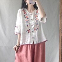 Ethnic style Vintage Embroidered cotton linen shirt womens summer tea clothing loose slim vneck Chinese buckle top