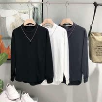 Autumn new mens casual base shirt solid color asymmetric cotton long sleeve micro T-shirt mens versatile round neck