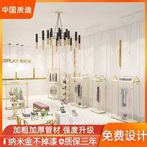 Golden womens clothing store on wall shelf clothing store display floor-style hanging store decoration design