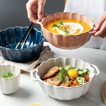 Nordic net red soup bowl kiln into household tableware large binaural petal salad bowl oven microwave noodle bowl