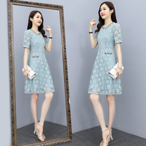 Summer lace dress female mid-length 2021 new foreign style small man Korean version slim temperament short-sleeved skirt