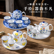 Tea set Japanese restaurant Household ceramic tea set Single pot filter flower teapot Heat-resistant tea pot Blue and white porcelain teapot