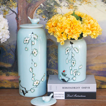 New Chinese hand-painted green plum bird shadow green ceramic jar living room entrance sideboard flower arrangement storage home decoration ornaments