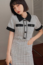 Shanolian check dress womens summer new temperament thin tweed lapel pocket short sleeve hip skirt