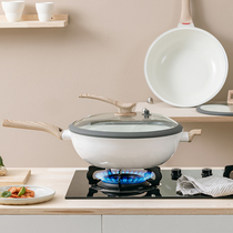 Wok ceramic pan non-stick pan non-coated white retro smokeless non-rust fry pan gas induction cooker Universal