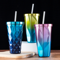 Korean creative diamond gradient stainless steel coffee sip Cup male and female students with lid large capacity summer hand Cup