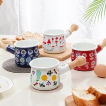 Japanese enamel small milk pot household enamel porcelain small milk pot wooden handle ceramic pot baby food supplement non-stick pot small soup pot