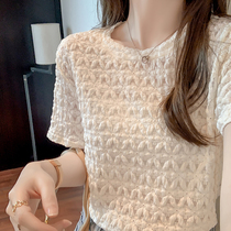 Net Red Popcorn White Hollowed-out Short Sleeve T-Shirt Woman 2021 Summer new design sensation Little crowdsourced short lace blouse