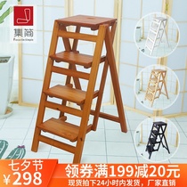 Height-free installation of household thickening multifunctional folding ladder solid wood four-step climbing ladder shelf