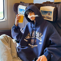 100% cotton sweater Hong Kong style letter printing hooded sweater men's autumn and winter plus velvet hoodie loose coat
