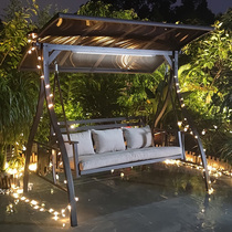 Outdoor swing Courtyard Solar LED light Rocking chair Double triple Wrought iron leisure garden Hanging chair A Modern outdoor