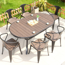 Outdoor table and table waterproof sunscreen and table and chairs Minsleeping garden embalming wood table and chairs Commercial coffee milk tea shop plastic wood table and chairs