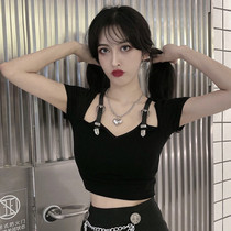  2021 summer new Hong Kong style womens dark black personalized fashion hollow shoulder strap slim short-sleeved T-shirt top women