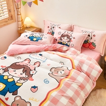 Thickened children's milk velvet four-piece girl cartoon winter coral velvet double-sided plus velvet quilt cover bedding three-piece set