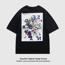 XUANFAN American Tide Card Floral Printed Short Sleeve T-shirt Male And Female Trend Couples Loose Hip Hop Street Lovers
