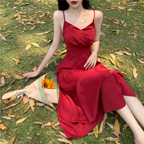 Summer 2021 new womens French retro red dress temperament is thin sexy strapless suspender long dress