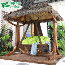 Ziqing outdoor swing terrace solid wood hanging chair Villa outdoor adult courtyard leisure rocking chair thatched hanging basket