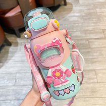  Thermos cup with straw Children drinking water cup female cute messenger primary school student water cup Special baby kettle for school