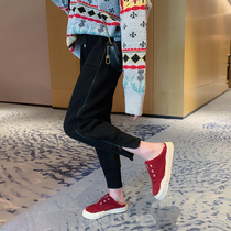 Q side zipper and plush bodysuit 2019 winter new Korean version guy high waist and all kinds of Harun cropped pants
