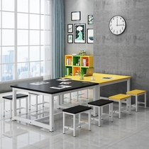 Art class early education desk training class language kindergarten table and chair drama club organization Yucai school six people wooden rectangle
