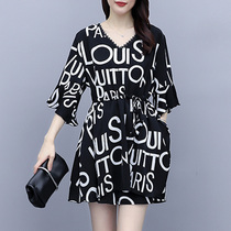 Micro fat girl wear summer plus size womens fat mm slim dress age age age loose top shorts two sets
