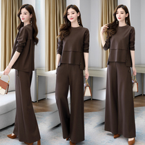 Early spring goddess fan foreign style suit 2021 early autumn large size foreign atmosphere cover belly age cut feeling wide leg pants two-piece set