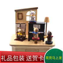 Taiwan jeancard solid wood music box cat piano girl birthday gift creative music box Christmas