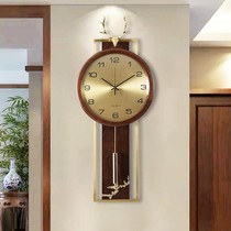 New Chinese style solid wood brass deer head wall clock living room fashion decoration wall clock home quartz clock silent clock