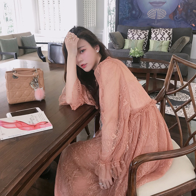 kaye2018新款女装春装蕾丝连衣裙v领长袖仙女气质修身荷叶边长裙Y