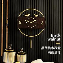 High-end new Chinese style pure copper wall clock Living room wall hanging light luxury walnut Chinese style pendulum clock performance generation decorative household