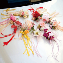Light luxury wedding car mirror door decoration small flower chair back window stairs festive dress silk belt flower Flower team