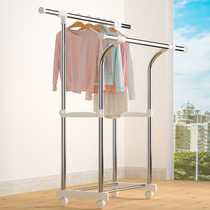 Clothes rack Floor-standing double rod telescopic stainless steel indoor bedroom hanger simple mobile cool clothes rack