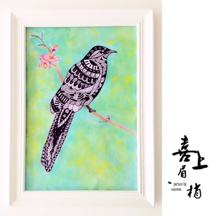 喜上眉梢,装饰画,喜鹊线描水彩画,纯手绘,买家定制,来图作画