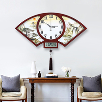 New Chinese fan-shaped wall clock living room wall silent clock Chinese style fashion home calendar clock atmospheric calendar