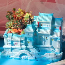 Chinese style Jiangnan water town ancient town building with lamp succulent plant flower pot creative resin personality desktop flower Flower Flower