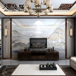 新中式电视瓷砖背景墙客厅微晶石天然大理石现代石纹壁画山水之韵