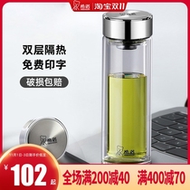 Shino double-layer glass thickened large-capacity tea cup business water cup office mens anti-scalding water cup lettering